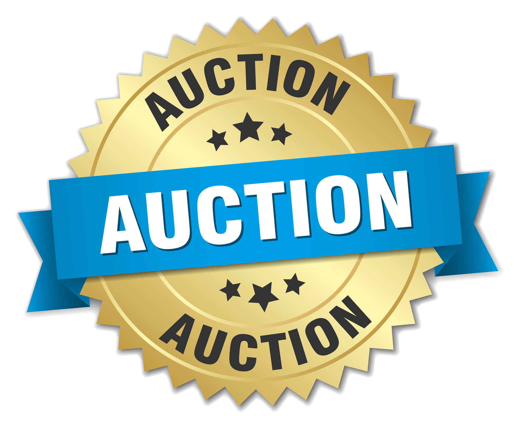 auction 3d gold badge with blue ribbon